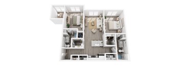 A top-down view of a small apartment with a kitchen, living room, and bedroom.