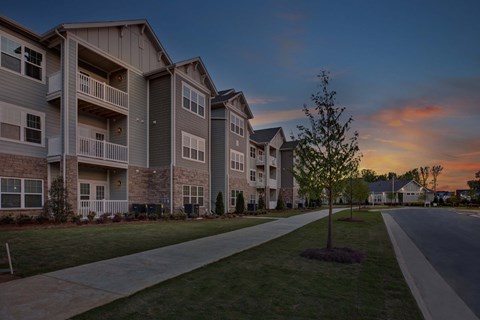 A tree stands alone in front of apartment buildings.