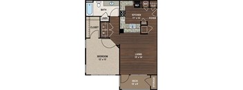 A floor plan of a small apartment with a bedroom, living room, kitchen, and bathroom.