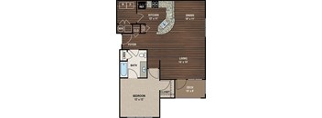 A floor plan of a small apartment with a kitchen, living room, bedroom, and bathroom.