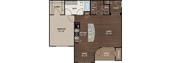 A floor plan of a small apartment with a bedroom, living room, kitchen, and storage.
