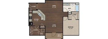 A floor plan of a house with a kitchen, living room, and bathroom.