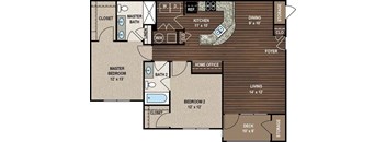 A floor plan of a home with a living room, two bedrooms, a kitchen, and a deck.