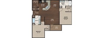A floor plan of a house with a kitchen, two bathrooms, a dining area, two bedrooms, a master bedroom, and a deck.