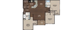 A floor plan of a house with a kitchen, dining room, living room, and three bedrooms.