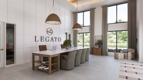 A modern office space with a white tiled wall and a wooden desk with a laptop on it.