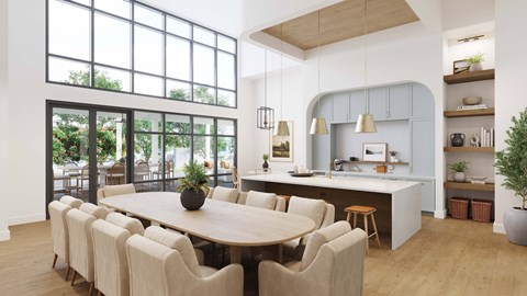 A modern dining room with a large table and chairs.