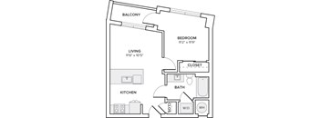 A black and white image of a house floor plan with a balcony, living room, kitchen, bathroom, and bedroom.