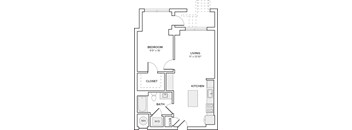 A floor plan of a small apartment with a bedroom, living room, closet, kitchen, bathroom, and closet.