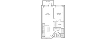 A floor plan of a home with a living room, bedroom, kitchen, and bathroom.