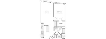 A floor plan of a small apartment with a living room, bedroom, kitchen, bathroom, and closet.