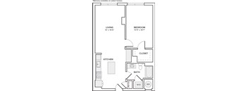 A floor plan of a home with a living room, kitchen, bedroom, bathroom, and closet.