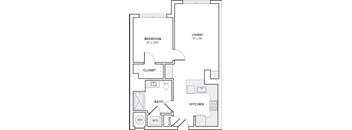 A black and white image of a floor plan for a small apartment.