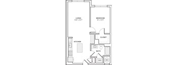 A floor plan of a small apartment with a living room, bedroom, kitchen, bathroom, and closet.