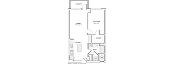 A floor plan of a home with a living room, kitchen, bathroom, and bedroom.