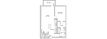 A floor plan of a home with a living area, kitchen, bathroom, bedroom, closet, and balcony.