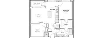 A black and white image of a floor plan for a small apartment.