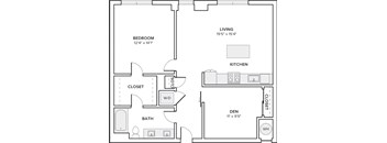 A black and white image of a floor plan for a small apartment.