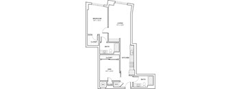 A floor plan of a home with a bedroom, living room, bathroom, kitchen, and den.