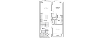 A floor plan of a home with a living room, kitchen, bedroom, bathroom, and den.