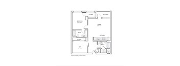 A floor plan of a home with a den, bedroom, bathroom, kitchen, and balcony.