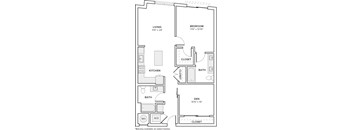 A floor plan of a home with a living room, kitchen, bedroom, bathroom, and den.
