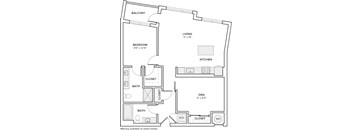 A black and white image of a house floor plan with a balcony, two bathrooms, a living room, a den, and two closets.