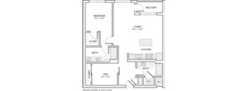 A black and white image of a floor plan for a home with a balcony, two bathrooms, a living room, a kitchen, a bedroom, and a den.