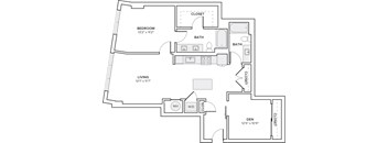 A floor plan of a home with a bedroom, living room, bathroom, den, and closet.