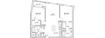 A black and white image of a house floor plan with two bedrooms, a living room, a kitchen, two bathrooms, a closet, and a balcony.