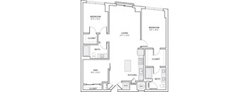 A black and white image of a floor plan for a home with two bedrooms, a living room, a den, a kitchen, and a bathroom.