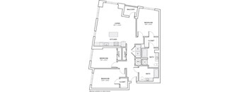 A floor plan of a home with a living room, kitchen, and three bedrooms.