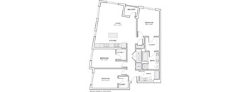 A floor plan of a home with a living room, kitchen, and three bedrooms.