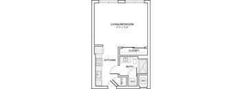 A floor plan of a small apartment with a living room, kitchen, and bathroom.