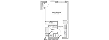 A floor plan of a home with a living/bedroom area, kitchen, bathroom, and closets.
