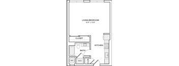 A floor plan of a small apartment with a living room, kitchen, bathroom, closet, and a separate area for a workspace.