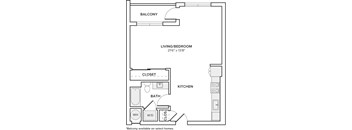 A black and white image of a house floor plan with a living/bedroom area, kitchen, bathroom, and closet.
