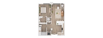 A top-down view of a small apartment with a kitchen, living room, and bathroom.