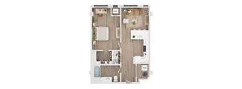 A floor plan of a small apartment with a kitchen, living room, and bathroom.