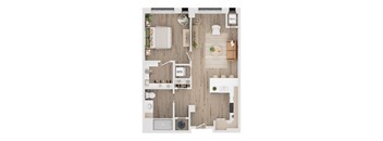 A top-down view of a well-organized kitchen and living room.