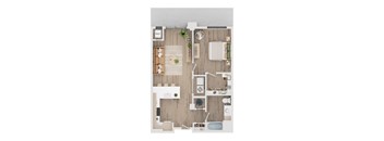 A top-down view of a house layout with a kitchen, living room, dining area, and bathroom.
