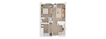 A top-down view of a modern kitchen and dining area.