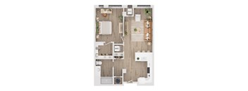 A top-down view of a well-organized kitchen and dining area.