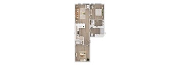 A floor plan of a house with a kitchen, living room, dining room, and two bedrooms.