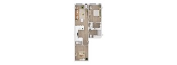 A floor plan of a house with a kitchen, living room, dining room, and two bedrooms.