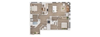 A floor plan of a house with a kitchen, living room, dining room, and bathrooms.