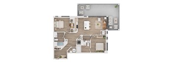 A floor plan of a house with a kitchen, living room, and bathrooms.