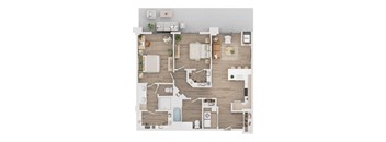 A top-down view of a well-organized apartment with a kitchen, living room, and bathroom.