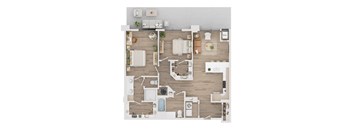 A top-down view of a well-organized apartment with a kitchen, living room, and bathroom.