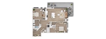 A floor plan of a house with a kitchen, living room, dining room, and bathrooms.